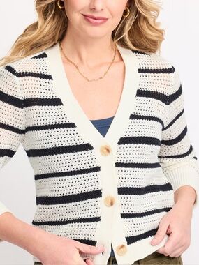 41 HAWTHORN - Striped V-Neck Button Cardigan Sweater - White & Black - Women’s M